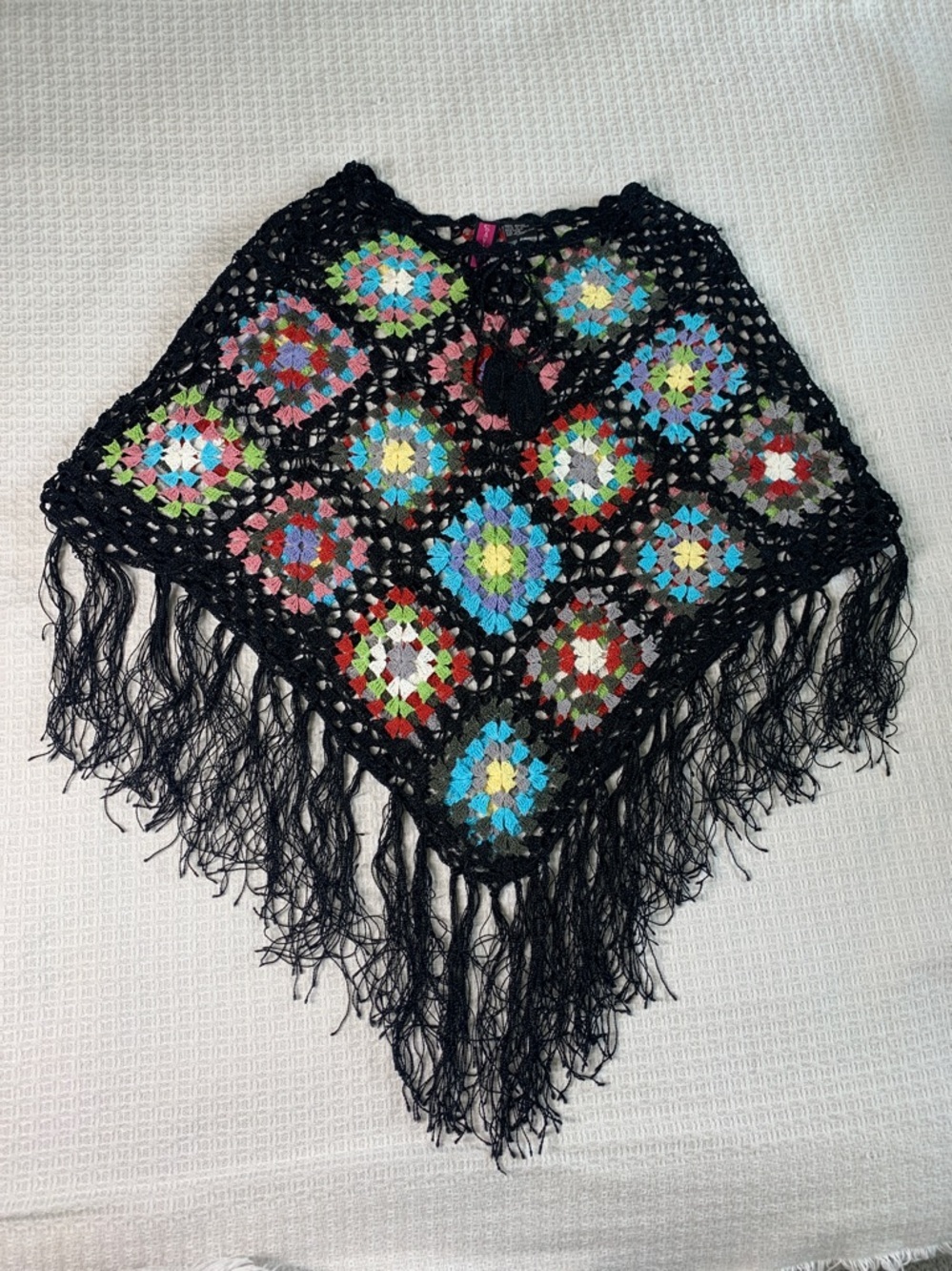 Say What? Colorful crochet shoulder topper/ shrug with fringe